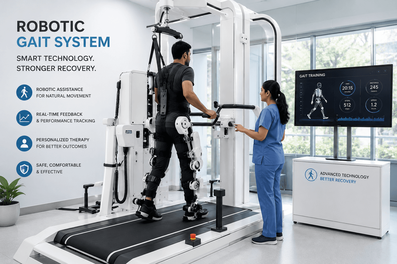 Patient using advanced robotic gait training system for high-intensity physiotherapy